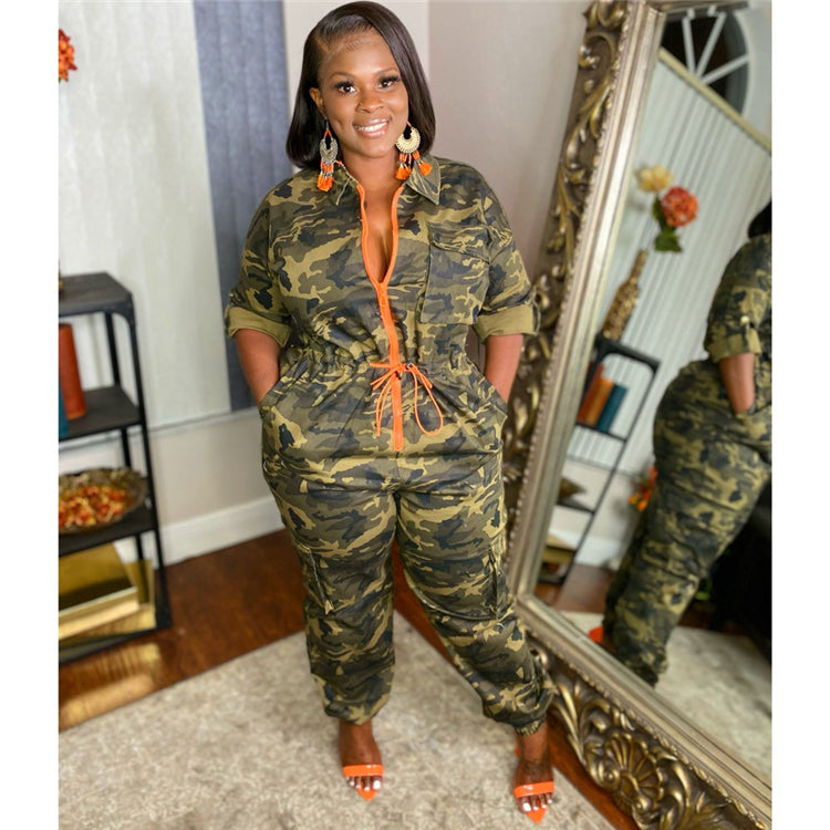 Queens One Piece Rompers Long Sleeve Zipper Camo 5XL Plus Size ]