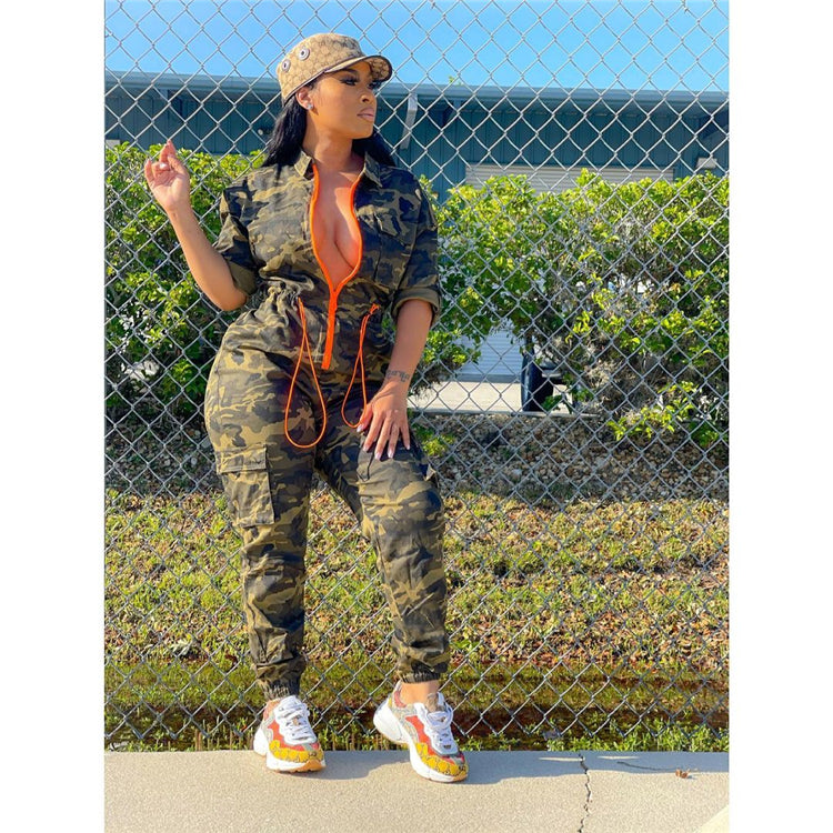 Queens One Piece Rompers Long Sleeve Zipper Camo 5XL Plus Size ]