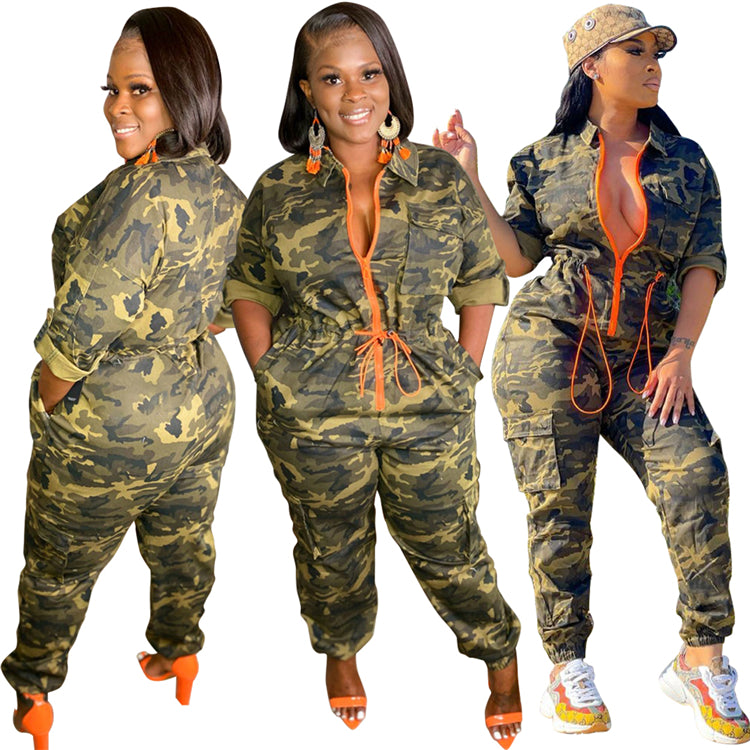 Queens One Piece Rompers Long Sleeve Zipper Camo 5XL Plus Size ]